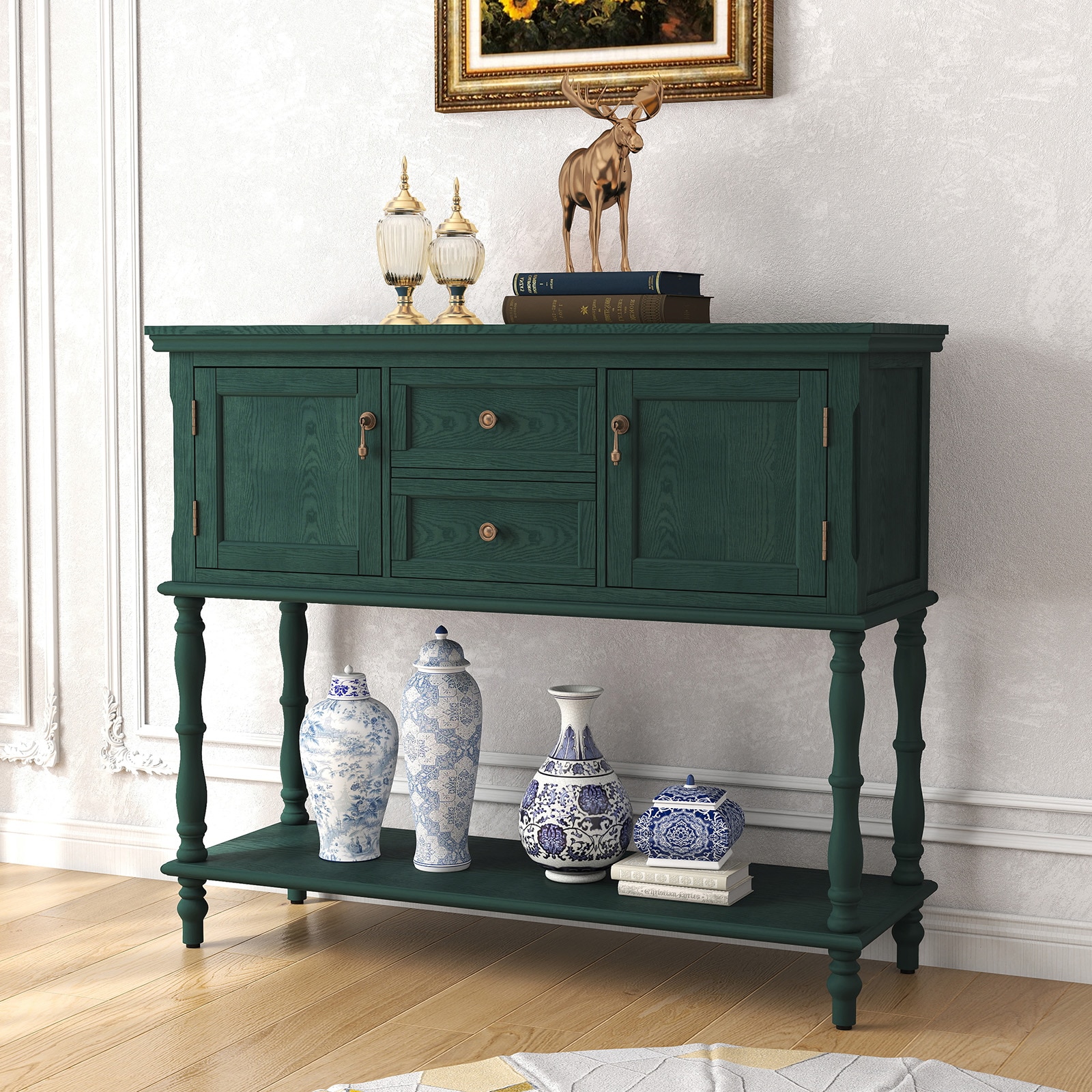 Retro Console Table With Storage And Drawers For Living Room Green_voghion.com